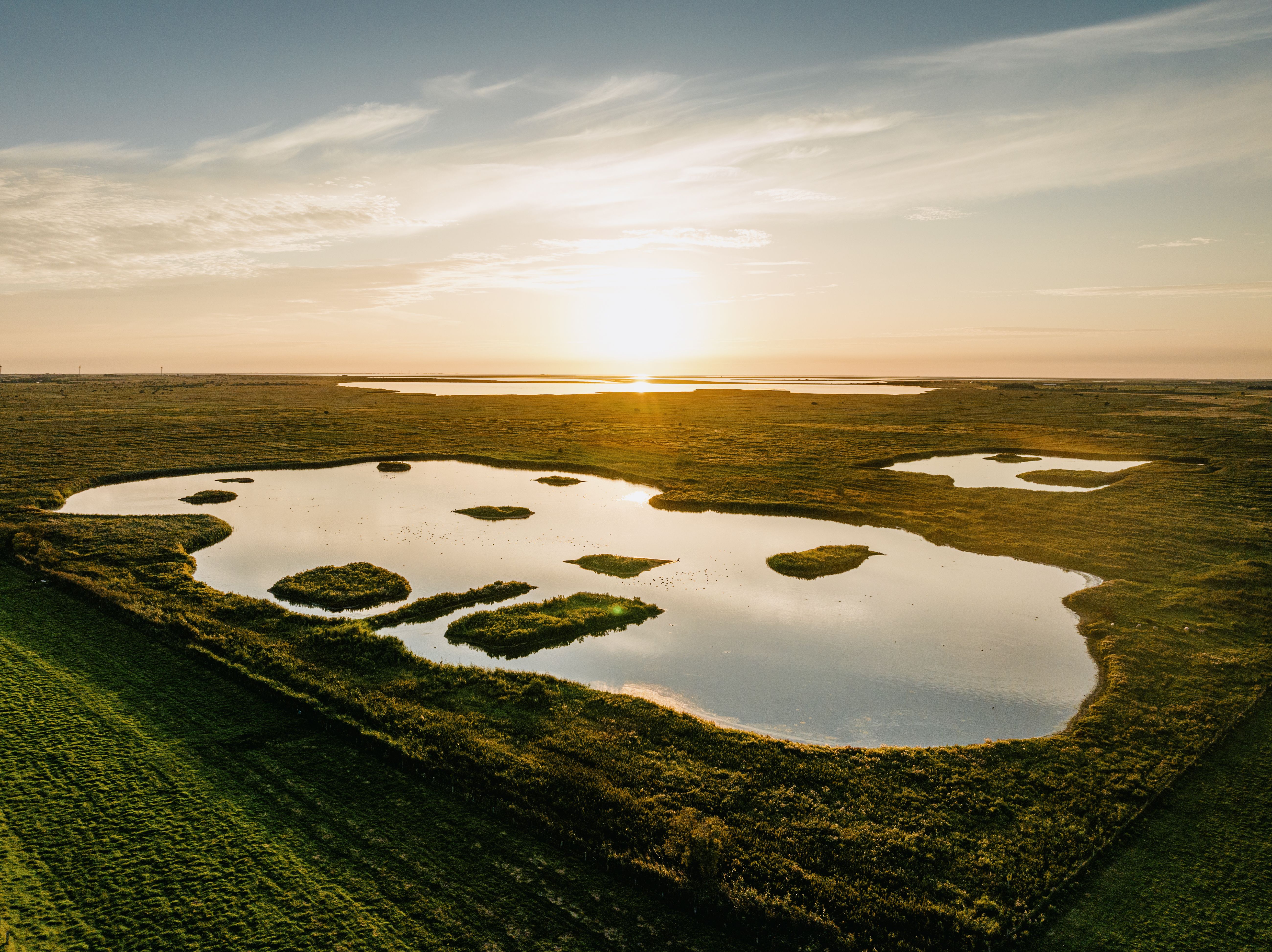Luftaufnahme des Beltringharder Koog bei Sonnenuntergang