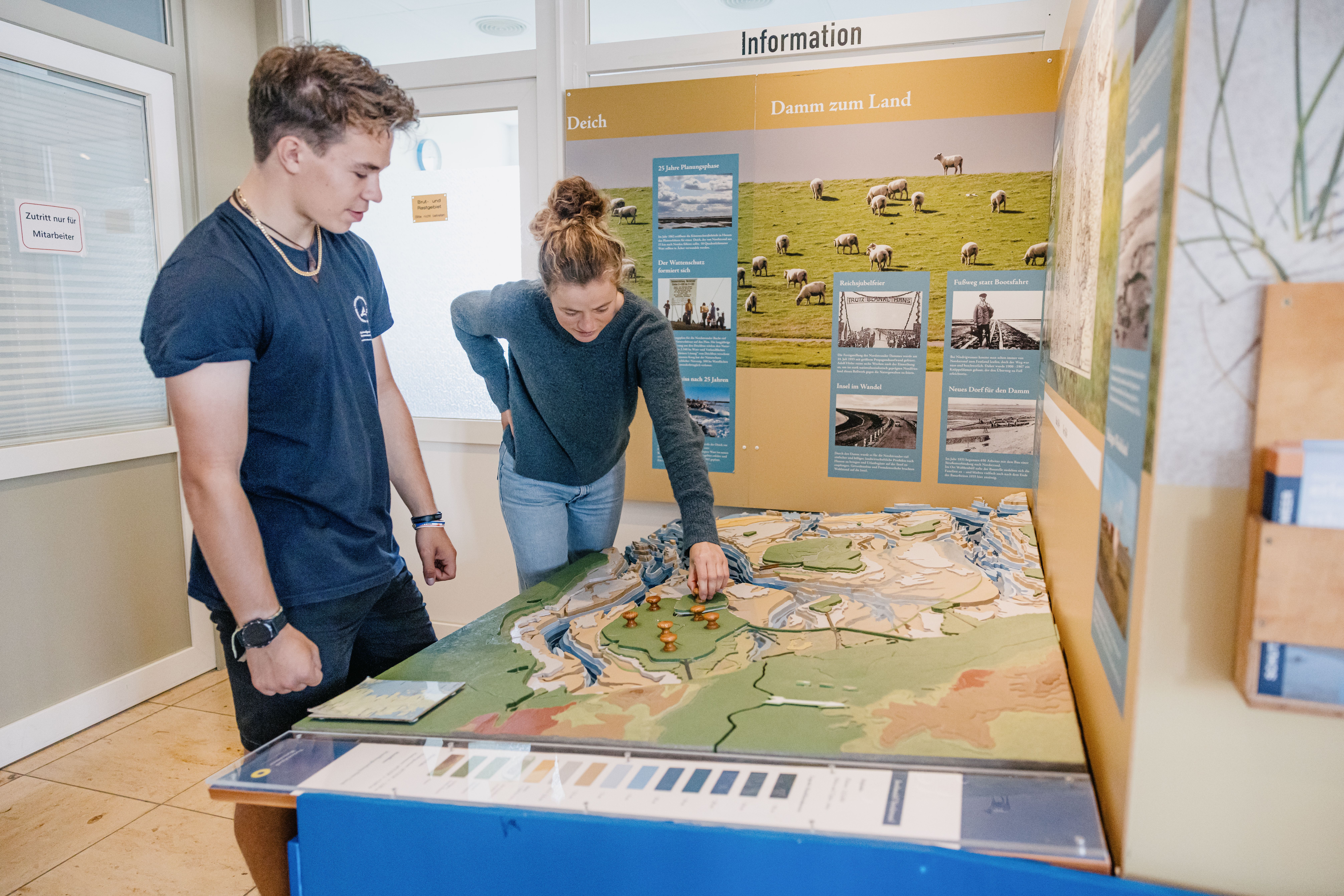 Die Schutzstation Wattenmeer und ein Gast erkunden die Ausstellung im Nationalpark Haus auf Nordstrand